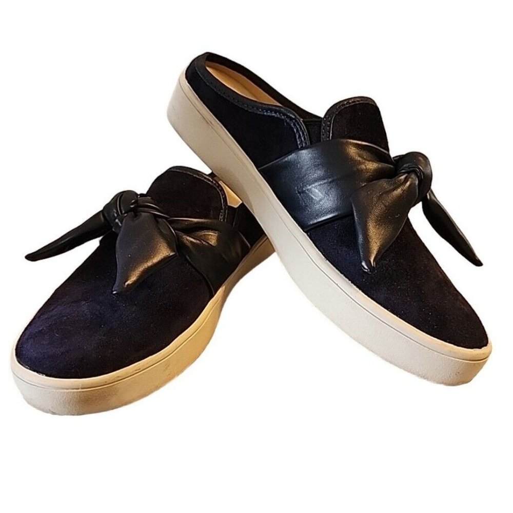Size 9.5B Spenco Orthotic Suede Bow Mules Slides Walking Navy Blue Revitalign